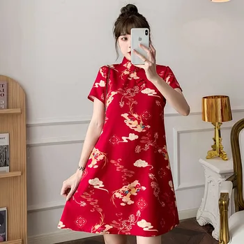 Китай-шик ретро празнична ярко червена рокля в китайски стил 2023 Нова свободна модифицирана млада Cheongsam