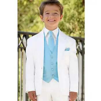 Момче 3 парче костюм елегантен бял еднореден луксозен нетактичност жилетка панталони деца пълен сватбен комплект колоритен сатен жилетка по поръчка