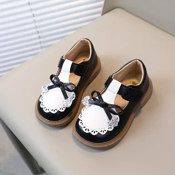 Детска мода лък кожени обувки пролет нова мека подметка принцеса обувки малко момиче сладък единични обувки H677