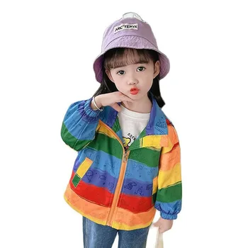 Момичета Яке Връхни дрехи Rainbow раирано палто Момиче Пролет Есен Детско палто Ежедневни стил Детски дрехи