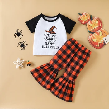 Хелоуин деца бебе момичета 2бр панталони комплект есенни дрехи костюм бебе писма тиква печат тениска + Flare панталони детски екипировки