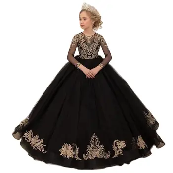 Черно цвете момиче рокля със златни апликации Първо Свето Причастие рокли Етаж дължина конкурс рокли за момичета