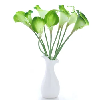 Елегантен реалистичен истинско докосване изкуствен PU кала лилия цвете букети булчински сватбени цветя букети (зелен)