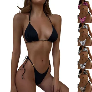 Превръзка бикини дами ниска талия триъгълник чаша секси бански леопард печат летни бански костюми бразилски микро бикини комплекти плажно облекло