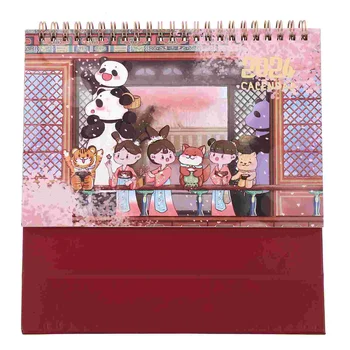 2024 Настолен календар Сладък карикатура Национална тенденция Ретро стил Desktop Ръчно рисувана намотка (Sakura) Хартиен офис