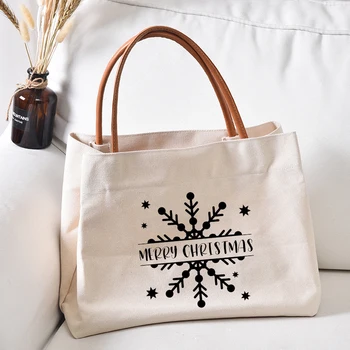 Снежинка Весела Коледа Print Canvas Tote коледен подарък жени дама случайни плажна чанта пазарска чанта закуски бонбони чанта