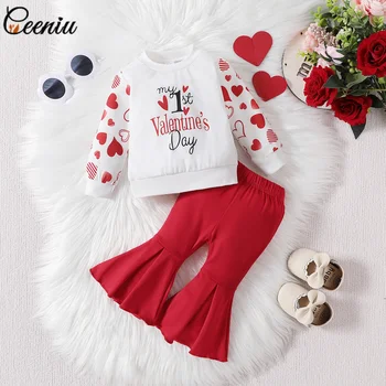 Ceeniu Sisters Baby Girl Valentines Day Outfits Letter My First Valentines Sweatshirts and Love Print Pants Girls Outfit Sets