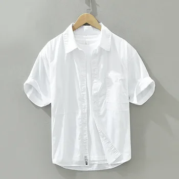 Чисто памучни бели ризи за мъже Ежедневни ревера яка мъже плътен цвят лято къс ръкав ризи тънък годни корейска мода