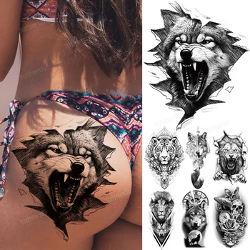 Водоустойчиви временни татуировки жени боди арт секси възрастни фалшиви татуировка стикери вълк лъв тигър смърт череп паяк животно татуировки голям