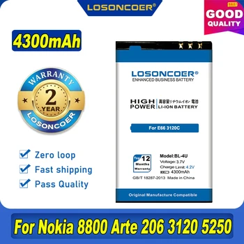 LOSONCOER 4300mAh BL-4U BL 4U Батерия за Nokia 8800 Батерия E66 3120C/6212C 8900 6600S E75 5730XM 5330XM 8800SA 8800CA Телефони