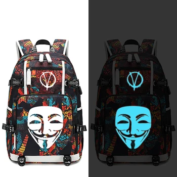 V за Vendetta раница USB порт раница чанта змия модел тийнейджър студент училище чанти пътуване рамо лаптоп чанта светещ