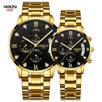 NIBOSI двойка часовник за мъже и жени Луксозен хронограф кварцови часовници от неръждаема стомана злато каишка водоустойчив любовници ръчен часовник