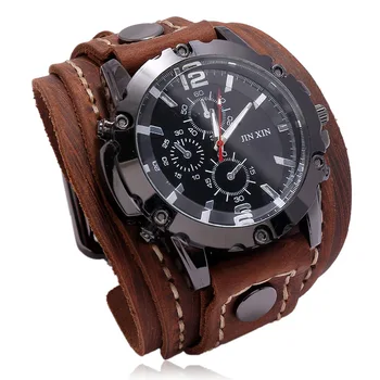 Мъжки винтидж кварцови часовници Луксозен ръчен часовник 2023 Телешка лента за часовници пънк стил часовник за мъже широки гривни от естествена кожа