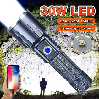 2023 Най-новите Най-мощно LED фенерче 30 вата USB акумулаторна факелна светлина Фенерче с висока мощност Тактически фенер ръчни лампи
