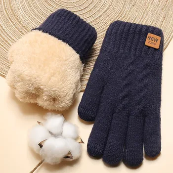 Жените зимен стил дебел H двоен слой трикотажни кожен етикет студено доказателство топло плътен цвят екран пръст ръкавици ръкавици