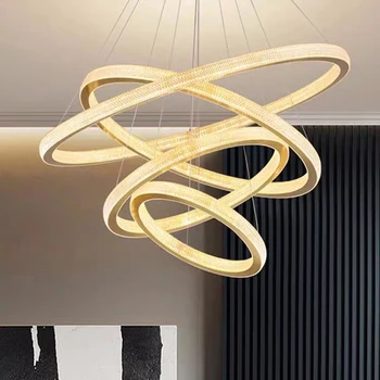 Модерен луксозен златен блясък Led полилей за хол спалня трапезария висулка лампа 4 кръгъл пръстен дизайн окачване светлина