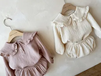 Top + Костюм за панталони за хляб Корейски новородено ежедневно облекло Бебешко креп Тънка памучна мекота Твърда лотосова листна яка Ревера