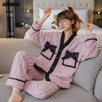 Зимни дебели меки фланелени пижами комплект за жени японски кимоно стил момичета жилетка Теди спално облекло v-образно деколте термична дама пижама
