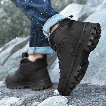 Мъжки боти до глезена зимни външни дантели нагоре платформа маратонки високи топ туристически обувки за мъже плюс запази топло руно памук мъжки обувки