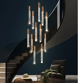 LED стълбище кристален полилей дуплекс таванско помещение спирално стълбище дълъг полилей модерна творческа вила хол куха капка светлина