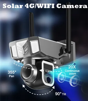 20X Zoom слънчева камера 4K WiFi 3-обективна камера Външен слънчев панел AI Откриване на хора Цвят Нощно виждане PTZ 8MP IP камера за сигурност