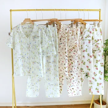 QSROCIO пролет лято дамски пижами три части комплект памук печат Tun надолу яка джоб Homewear мода случайни спално облекло