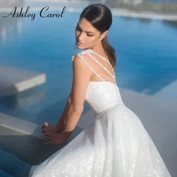 Ashley Carol A-Line сватбена рокля 2022 Едно рамо блестящ кристал мъниста елегантни рокли без гръб плажна булка Vestido De Noiva