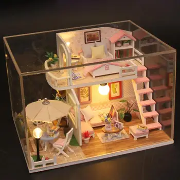 DIY Къща за кукли Дървени къщи за кукли Миниатюрен комплект мебели за кукли Играчки за деца Рожден ден Коледен подарък с капак