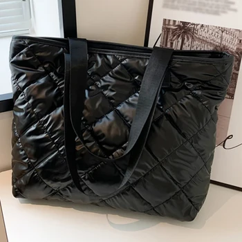 Жените ватирани голяма пазарска чанта универсален PU чанта чанта лек подплатени рамо чанта цип случайни зимата пътуване чанта