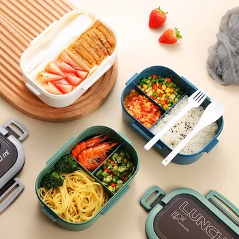 1pc Bento Box, двуслойна кутия за обяд с лъжица и вилица, контейнери за храна с голям капацитет, непропускливи, екологични