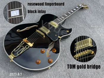 Hollow Body Джаз електрическа китара Solid Black HH Gold Cover Пикапи Bridge Direclty Инсталиране на тялото Дълга опашка Златни части Rosewood