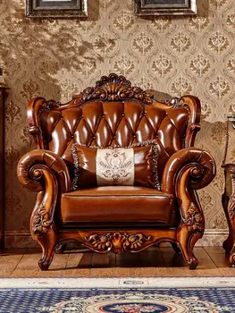 Европейски античен диван от масивна кожа комбинация Американски ретро първи етаж телешка диван хол луксозна вила