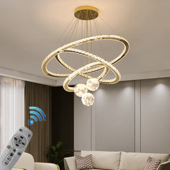 LED модерен кристален полилей за всекидневна трапезария спалня домашен дизайнер 2023 златен кръг пръстен висяща висулка светлина с въже