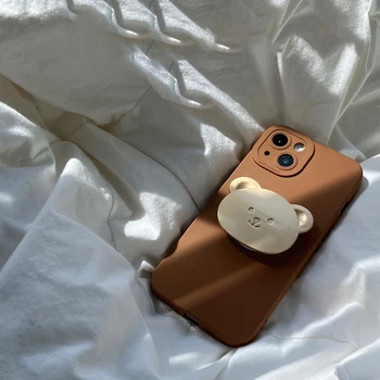 Ретро корейски луксозен мечка преносим държач скоба кафяв прост телефон случай за iPhone 15 14 13 12 11 Pro макс удароустойчив мек капак