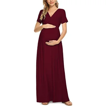 Лято нови бременни жени случайни къс ръкав рокля плътен цвят кожата приятелски удобни рокли за майчинство жени
