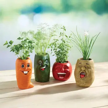Veggie Herb Pots - Комплект от 4 забавни саксии с форма на зеленчук -Усмихнат морков, краставица, домат, картоф