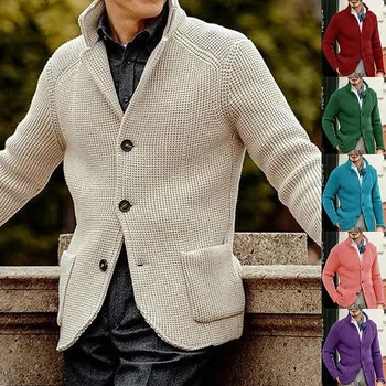 есен зимен пуловер мъжки плетен костюм бизнес случайни топли дълъг ръкав жилетка палта мъжки мода бутон тъмносин пуловери