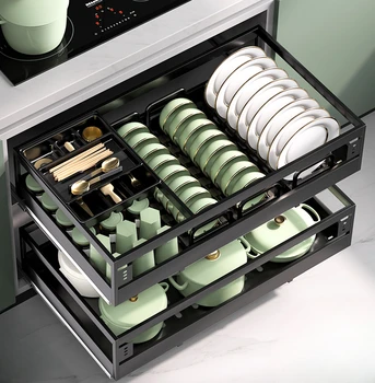 Кухненски шкаф от неръждаема стомана двуслойно чекмедже тип купа багажник за съхранение на кошница за подправки Кухненски шкаф купа кошница