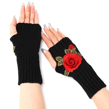 Нови жени цвете трикотажни къси ръкавици топло бродирани плетене вълна ръкави топли ръкавици без пръсти открит есен зима ръкавица