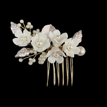 JLZXSY Ръчно изработени пасторални керамични цвете булка шапка коса гребен сплав листа перла сватба страна гребен шапки шлем