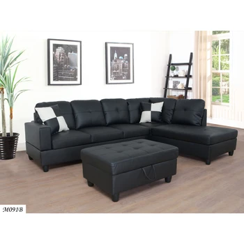 3 PC Секционен диван, (черен) Диван от изкуствена кожа с лява облицовка с безплатно съхранение Османски