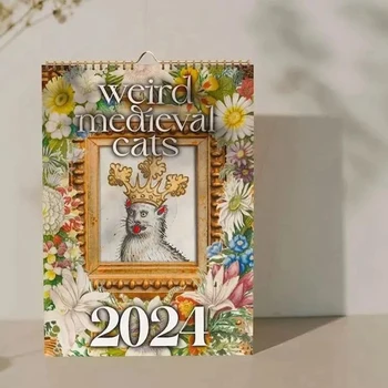 Странни средновековни котки Календар 2024 Календар 12-месечен стенен календар Висящ за офис Начало Подаръчна хартия с покритие A