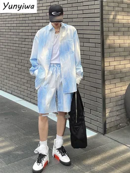 High Street Shirt Suits Мъжка корейска градска блуза с дълъг ръкав + ежедневни шорти Summer Punk Vibe 2pcs Set