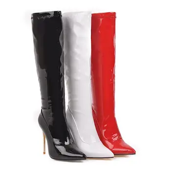 Ница коляното високи ботуши Дамски зимни ботуши Висококачествени дамски обувки Ботуши до коляното Червена прищявка Зима Нова секси лачена кожа