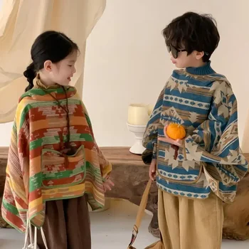 Зимна детска мода етнически стил колоритен наметало с качулка корейски стил момчета и момичета хлабав нос