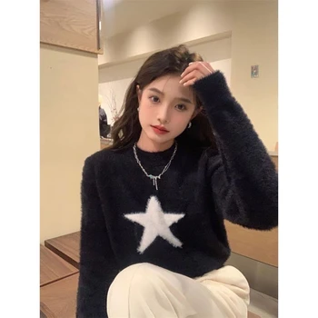 Ретро 2000s дълъг ръкав Harajuku дамско облекло корейски звезда модел печат O-образно деколте Y2k черен пуловер пуловер случайни върховете