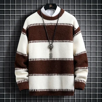 Есен Зима Мъжки топъл пуловер Случайни райе около врата плетен пуловер Мъжки удебелен пуловер Корейски мъжки маркови дрехи