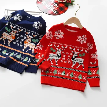 Коледа Детски пуловер Нов случаен бебешки топъл лос отпечатани плетени момичета пуловер момчета момичета сладък коледен дърво пуловери дрехи