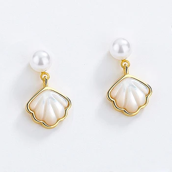 Луксозни перлени обеци за жени 925 стерлинги сребро изящна мода бяла черупка стъд обеци Boho стил бижута парти услуги