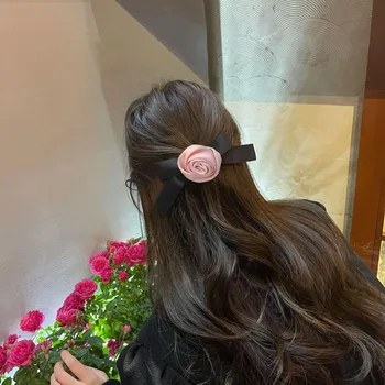 Bowknot розови рози лък щипка за коса модерен плат рози форма страничен клип коса въже
